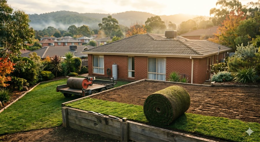 Fresh turf roll installation at a suburban home