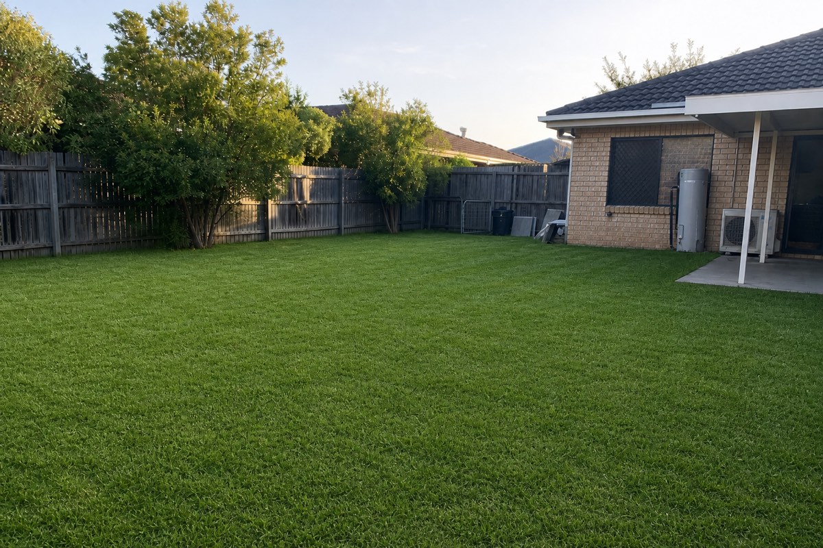 Same backyard after Gibsons Turf installation — lush green lawn