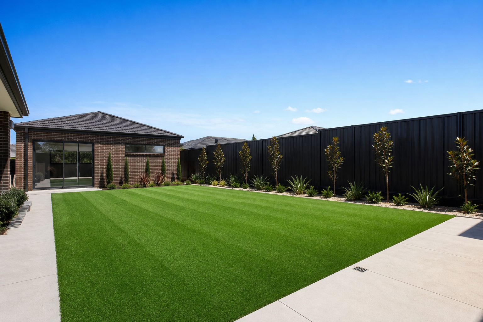 Bermuda Grass lawn in a modern Melbourne backyard with mowing stripes