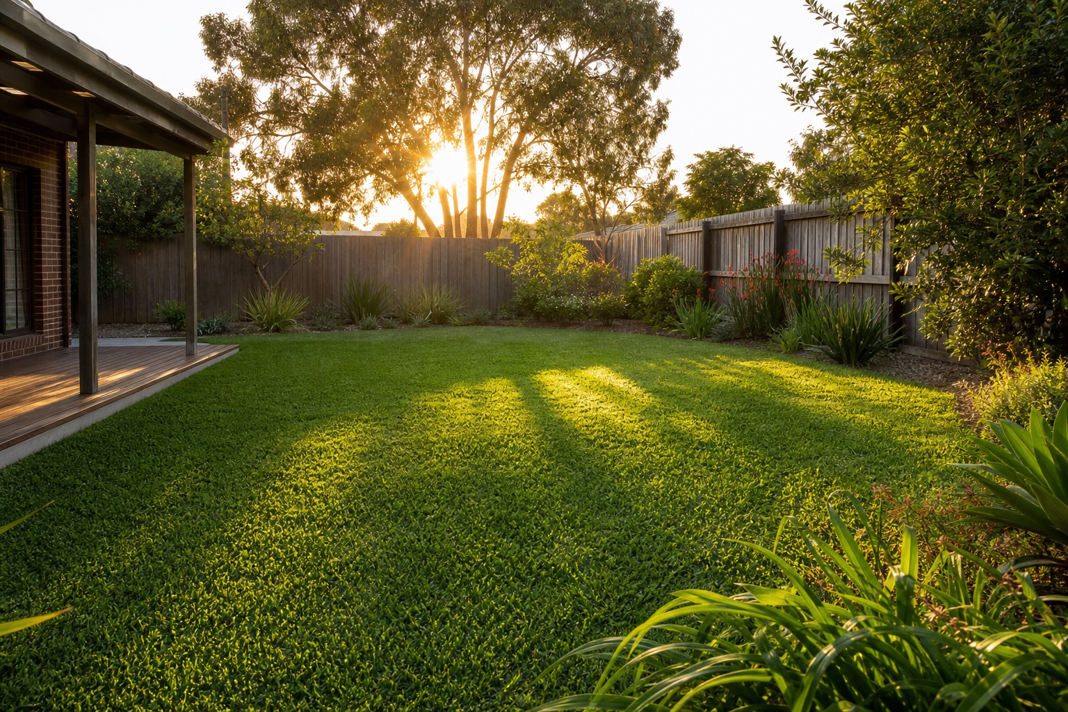 Sir Walter Buffalo lawn in a suburban Melbourne backyard at golden hour