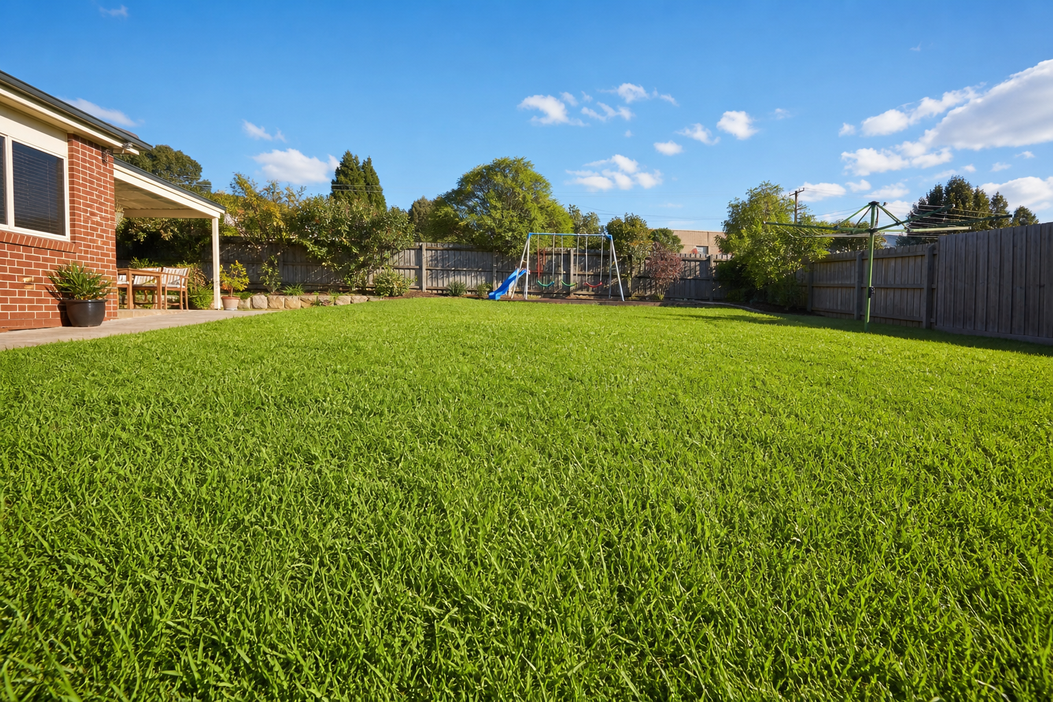 Kikuyu lawn in a large family backyard with play equipment